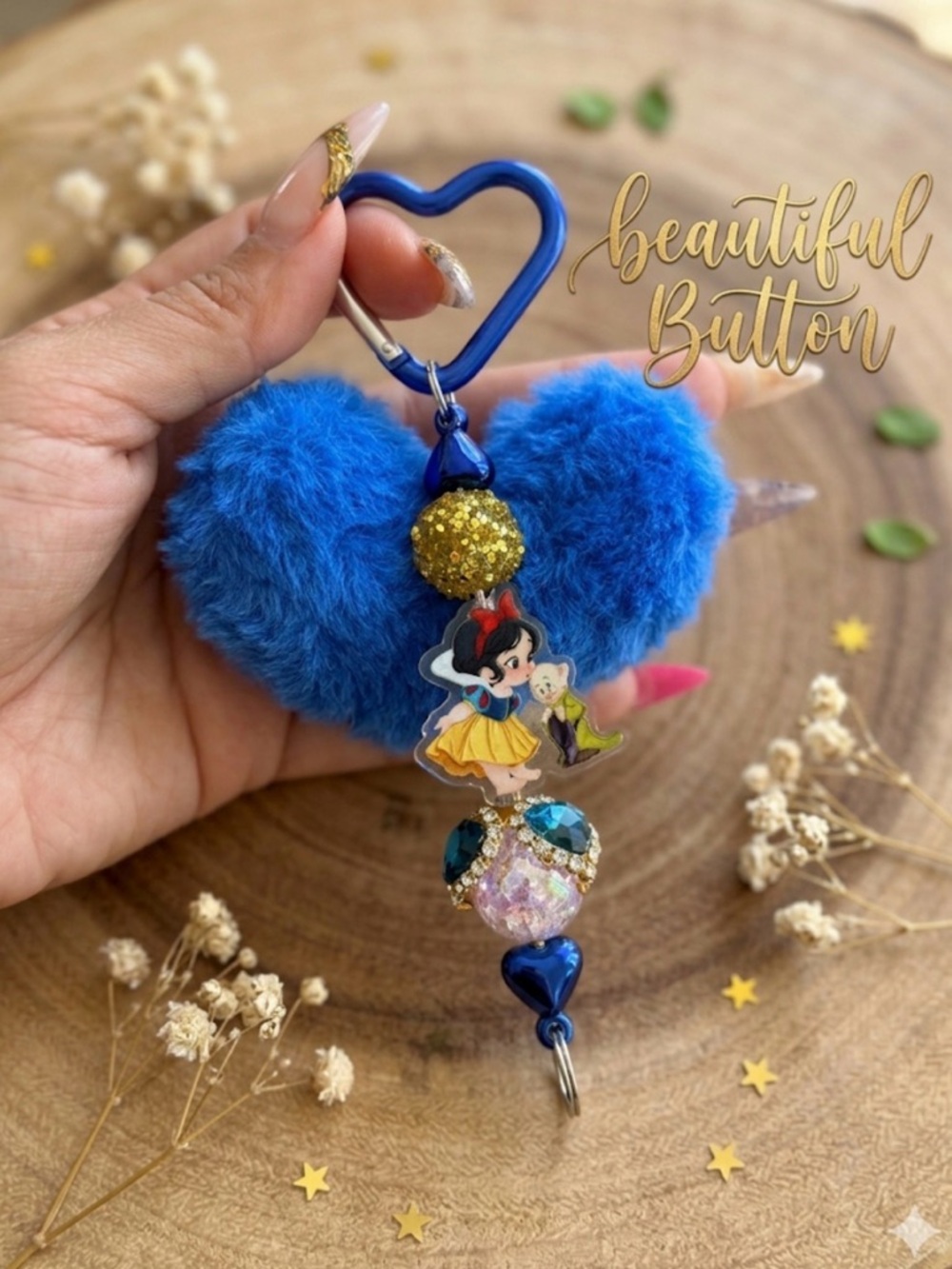 Custom Blue Fuzzy Heart Keychain with Snow White Charm